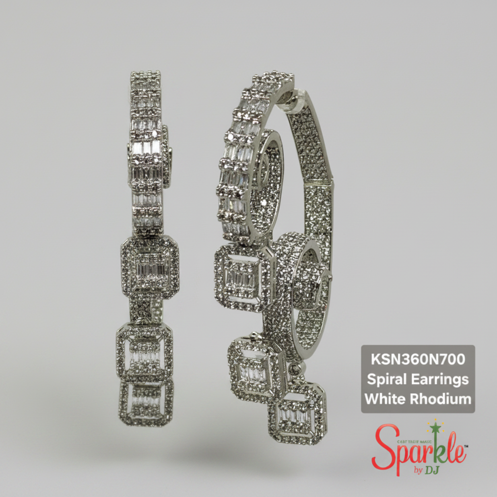 Designer spiral long earrings with full stones at front and back for full sparkle!
