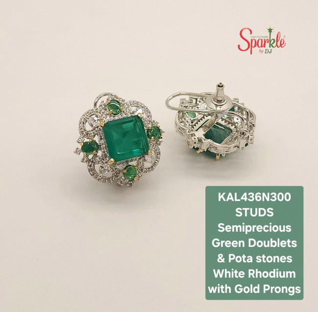 Ear Studs with Semiprecious round Pota & Green Doublets - SparklebyDJ