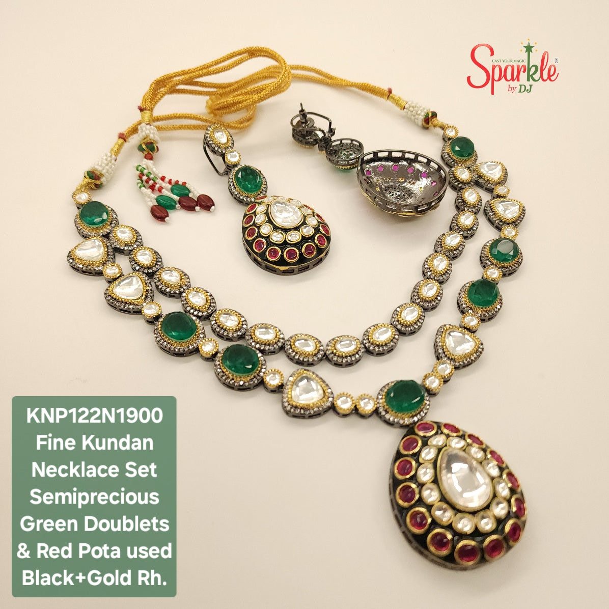 Fine Kundan Necklace Set embellished with semiprecious Green Doublets & Red Pota stones - SparklebyDJ