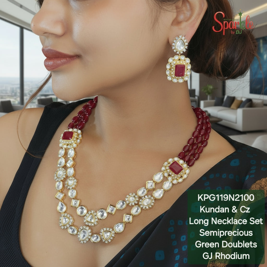 Cz Kundan Long Necklace set with semiprecious colour stones - SparklebyDJ