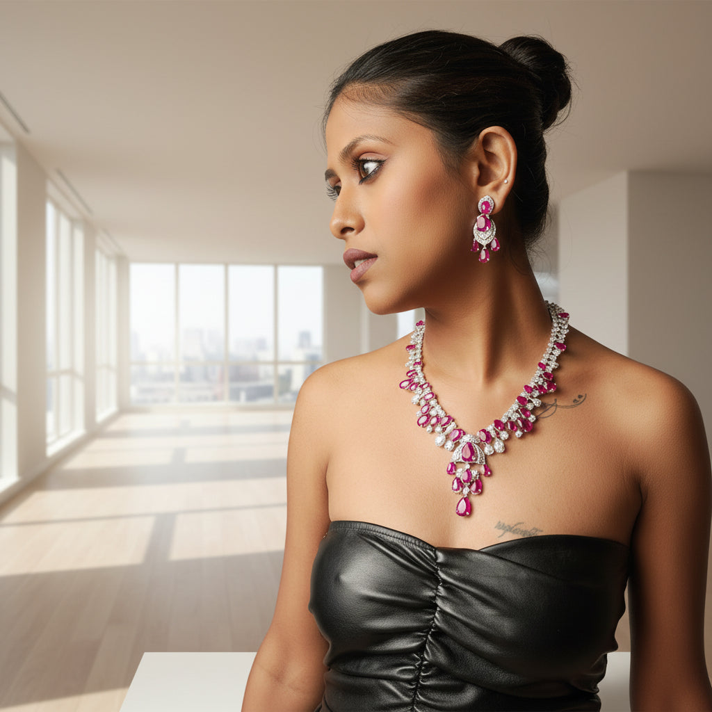 Statement 3 dimensional CZ Necklace set with cz & semiprecious stones