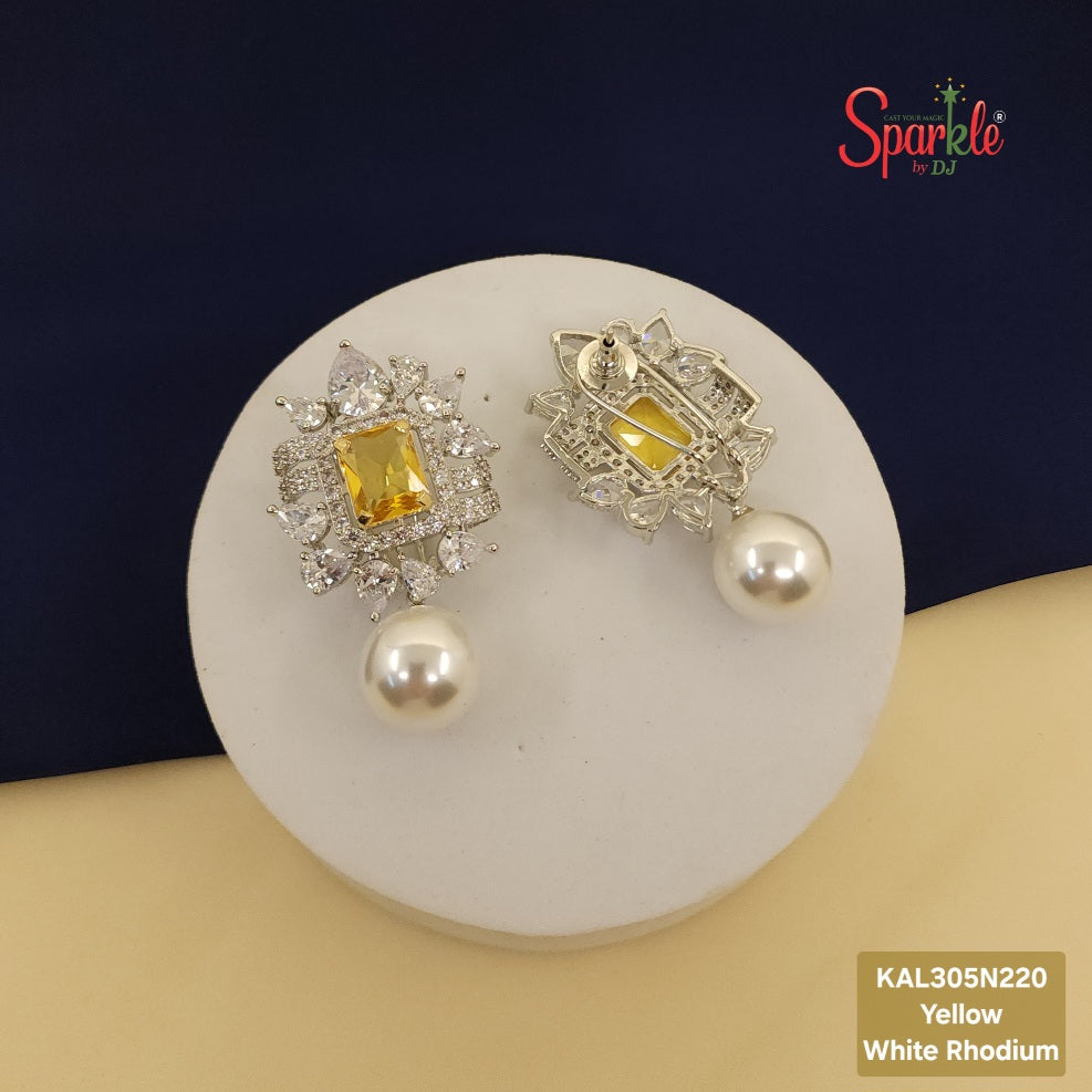 CZ Earrings with octo colour stones & Pearl drop - SparklebyDJ