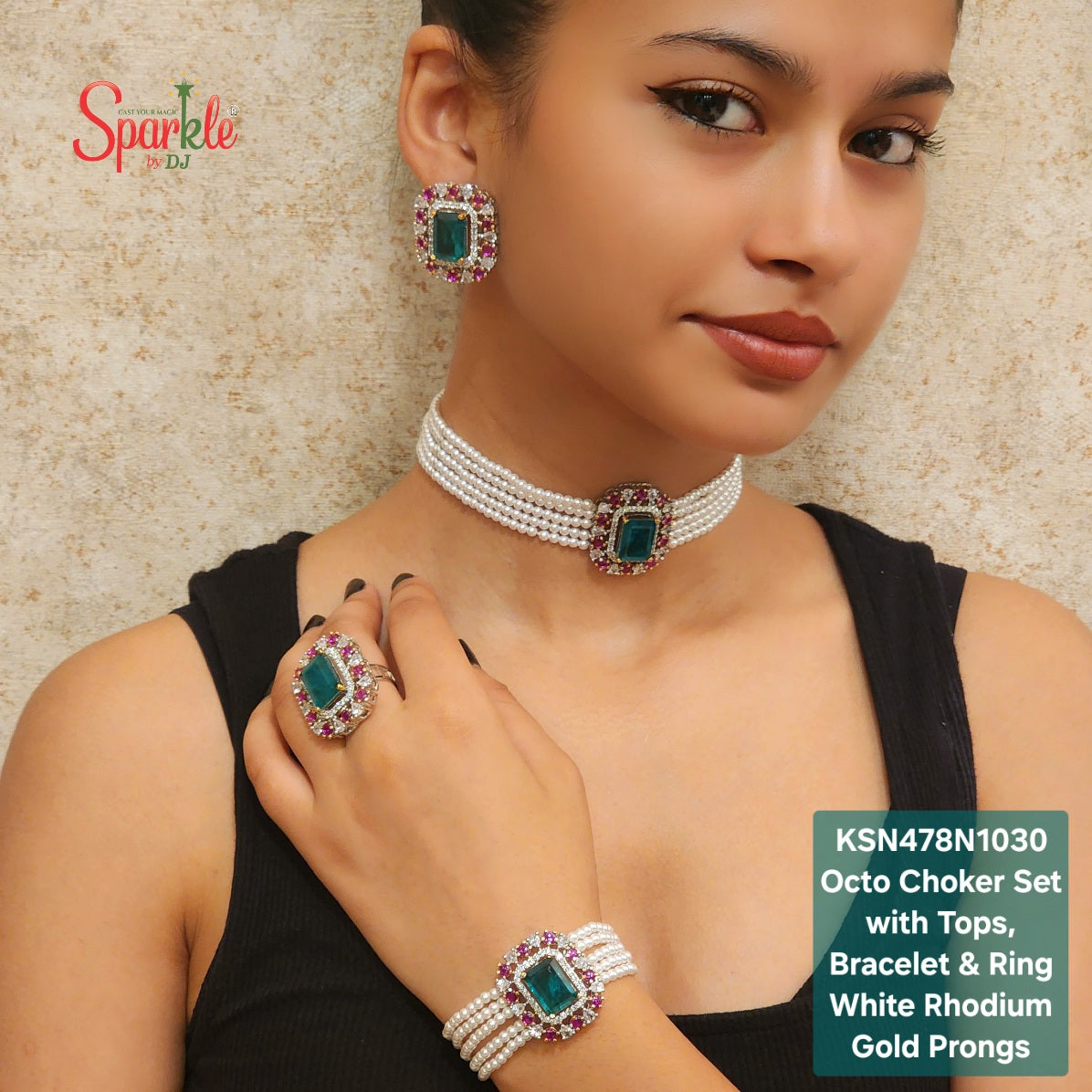 Cz & semiprecious Choker Set with pearl strap