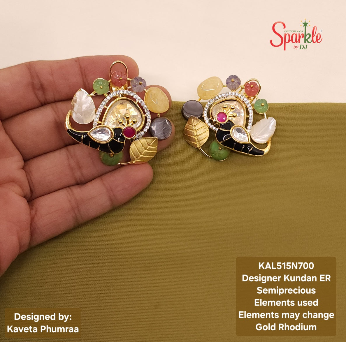 Kundan Peacock studs with semiprecious stones in 24ct gold plating - SparklebyDJ