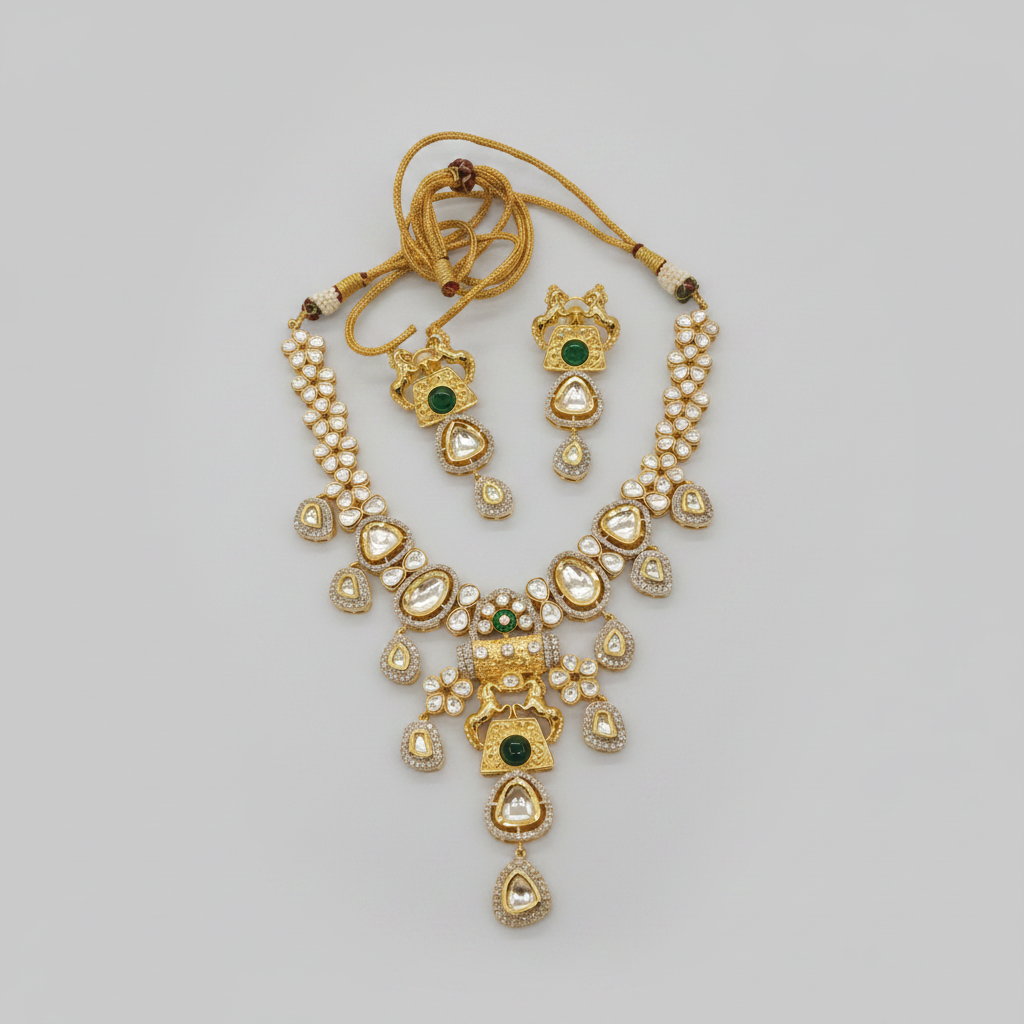 Fine Kundan Long Necklace Set with semiprecious green pota stones