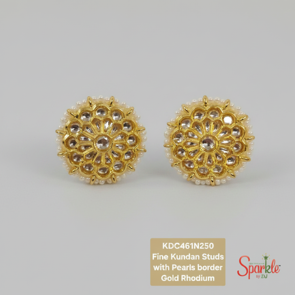 Fine kundan studs with pearls border in 24ct gold plating - SparklebyDJ
