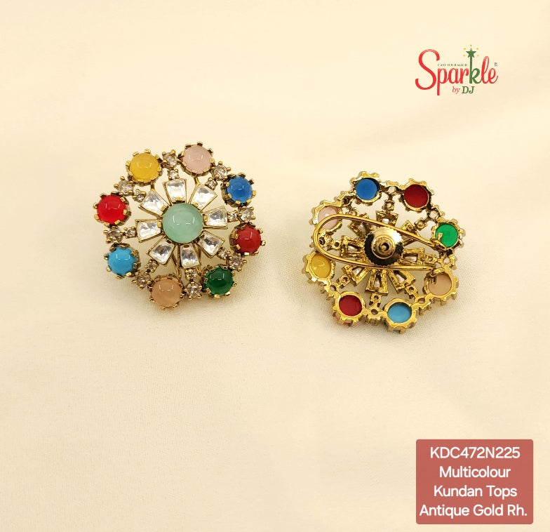 Multicolour cz-kundan studs with pota stones in hena rhodium - SparklebyDJ