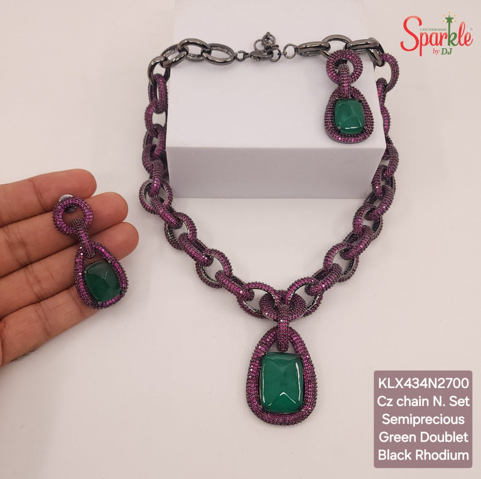 Celebrity-inspired Cz-chain Necklace Set with semiprecious stones - SparklebyDJ