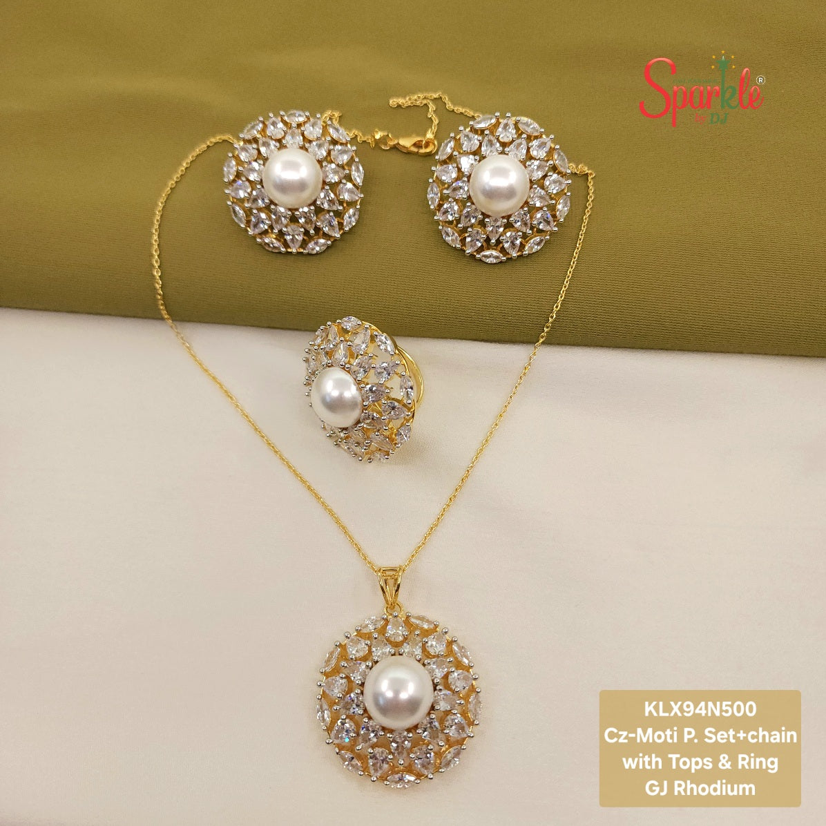 Tamanna Pearl-Cz round Pendant set with tops & ring - SparklebyDJ