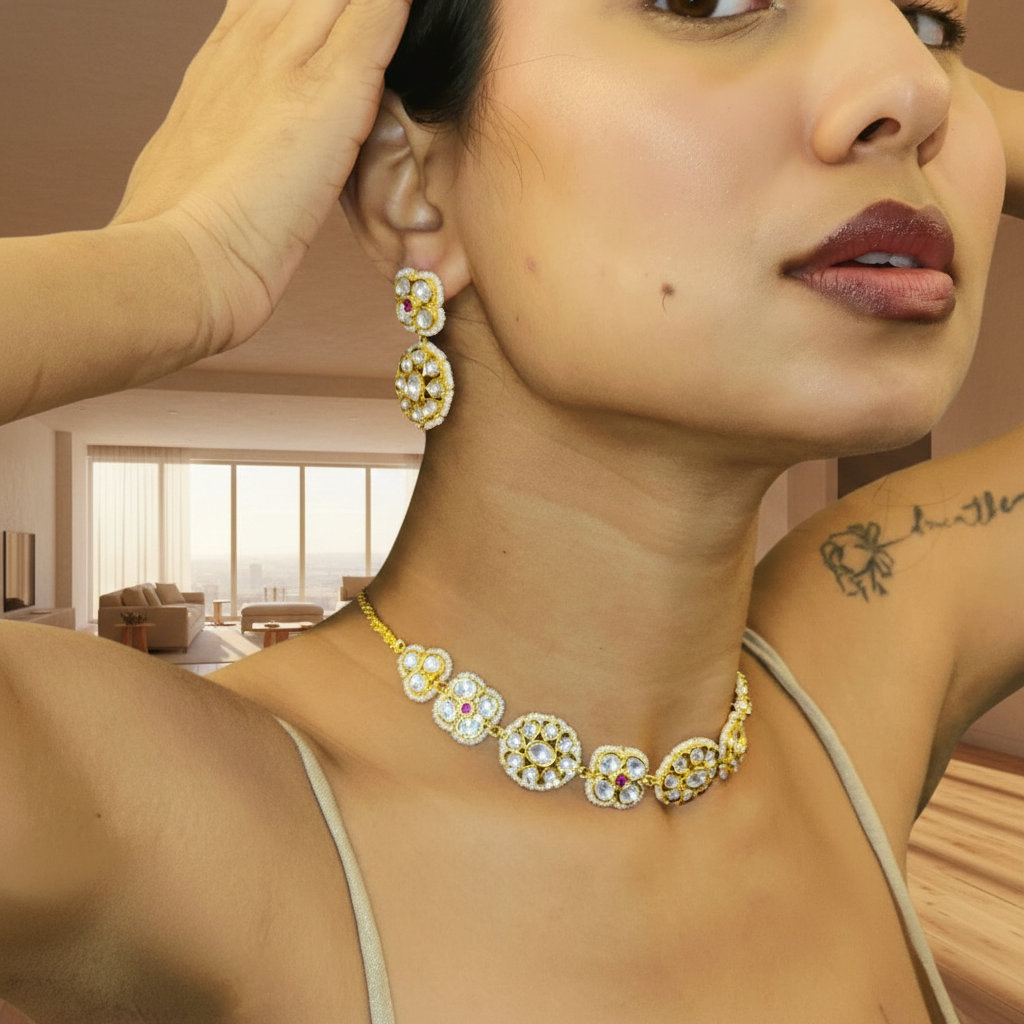 Woman wearing a gold and red kundan necklace with a yellow background