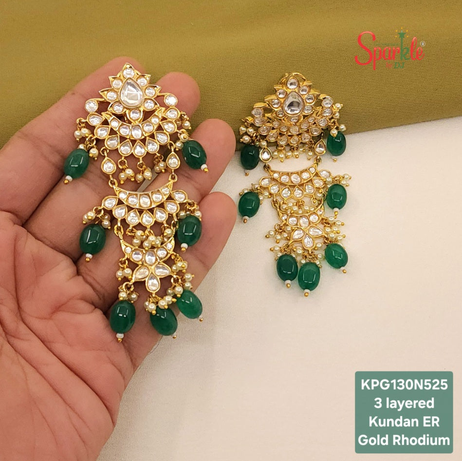 Long Kundan 3 layered Chandbalis - SparklebyDJ