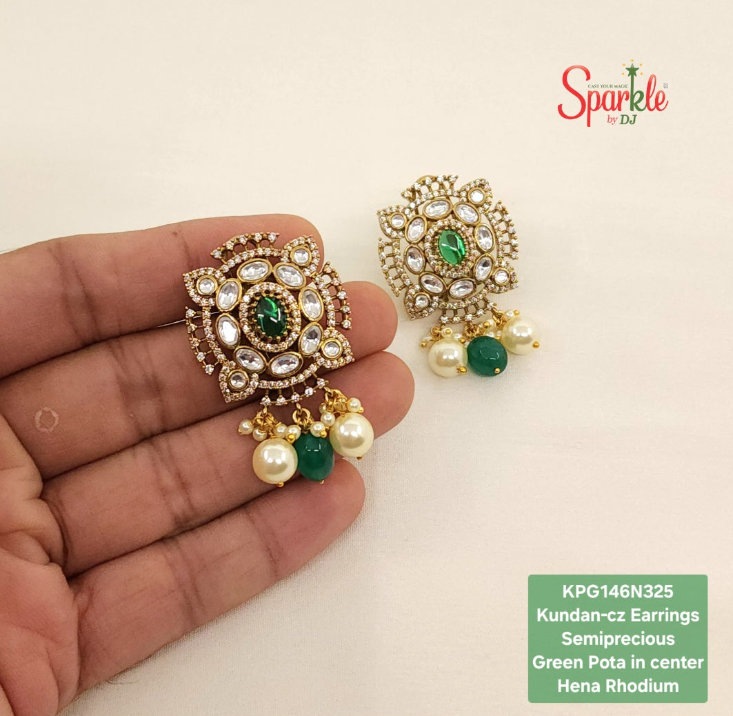 Rangoli design Kundan-Cz earrings with semiprecious pota stone - SparklebyDJ