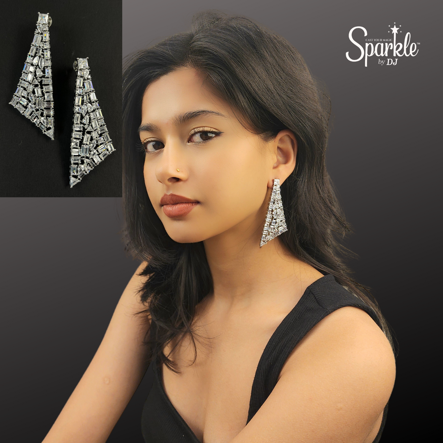 Designer triangular shaped fun earrings embellished with octagonal Korean zirconias - SparklebyDJ