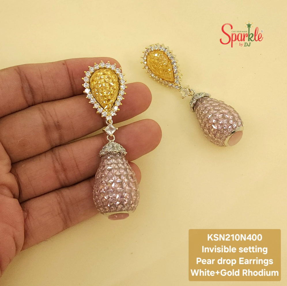 Pear drop Cz Earrings with embellished with semiprecious stone in invisible setting - SparklebyDJ