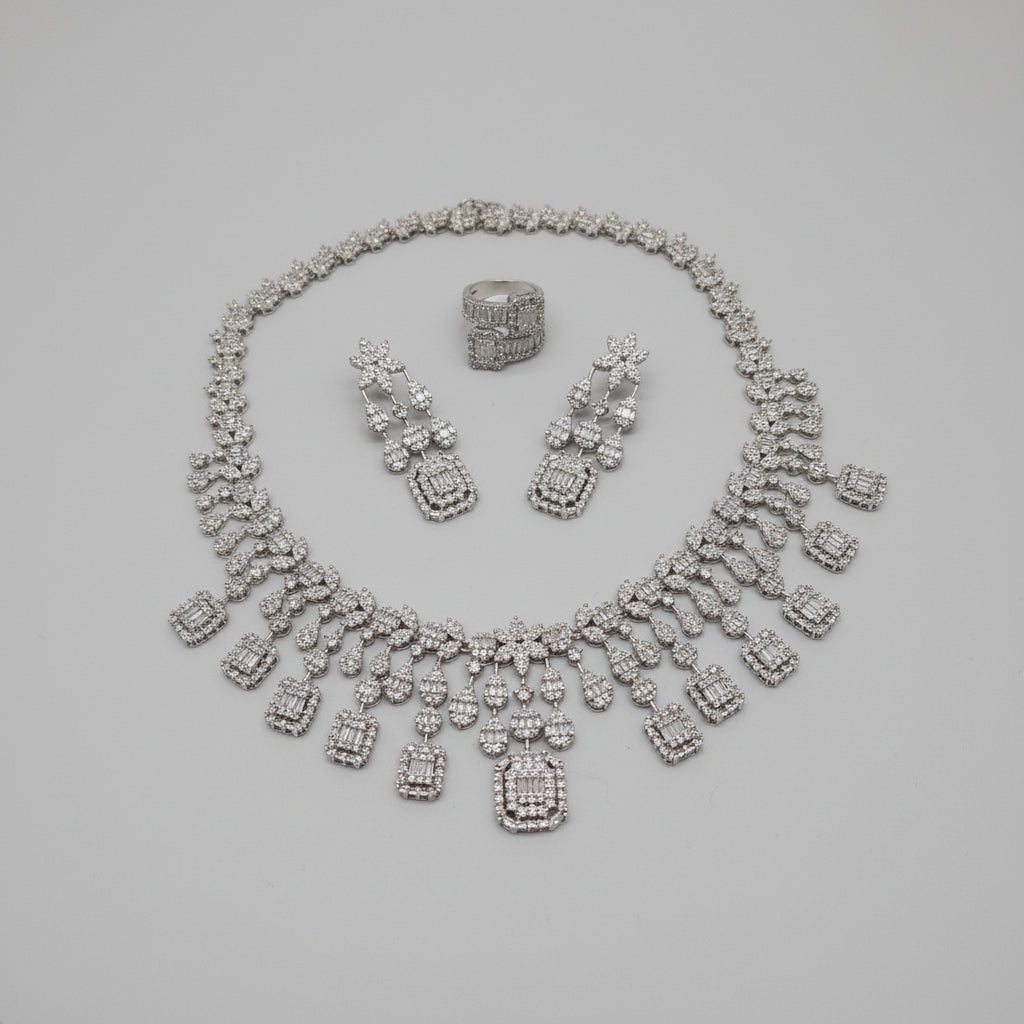 Necklace Set in nano setted cz with finger ring - SparklebyDJ