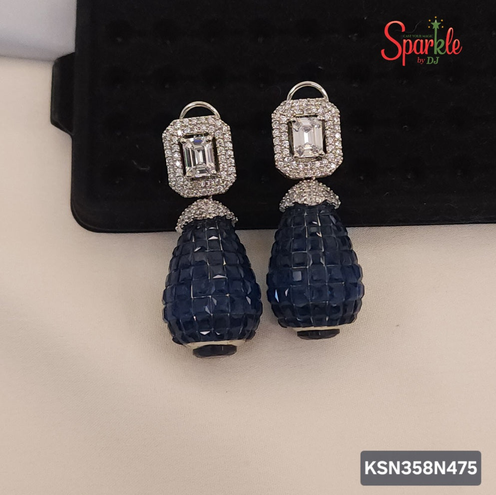 Drop Earrings with semiprecious colour stones in invisible setting & Korean Octagonal Cz