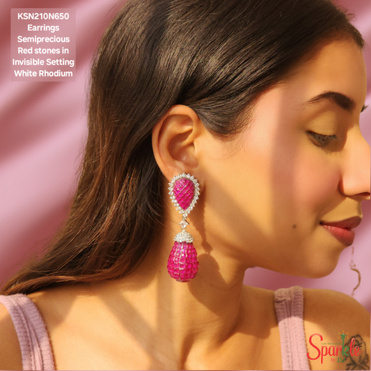 Cz Earrings with embellished with semiprecious stone in invisible setting