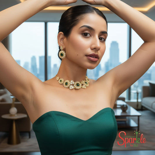 Fine Kundan Necklace Set with semiprecious stones in 24 carat Gold Rhodium - SparklebyDJ