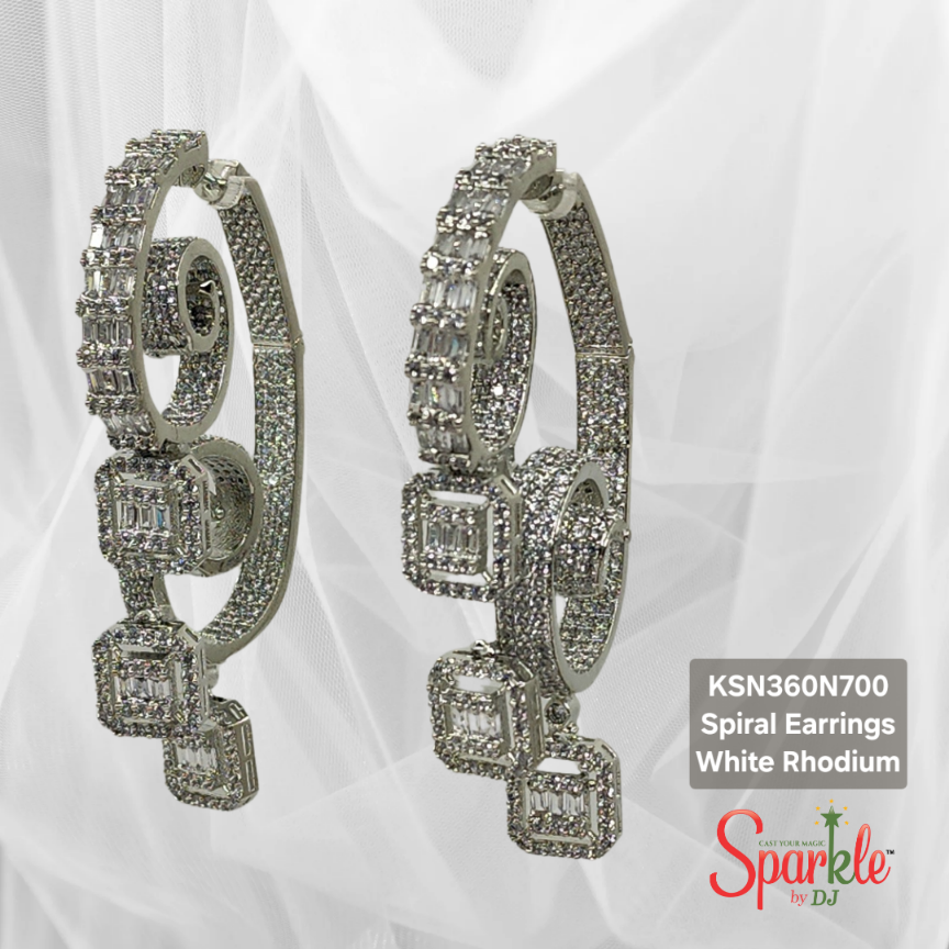 Designer spiral long earrings with full stones at front and back for full sparkle!