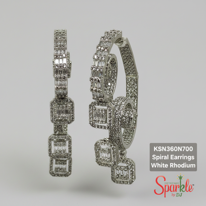 Designer spiral long earrings with full stones at front and back for full sparkle!