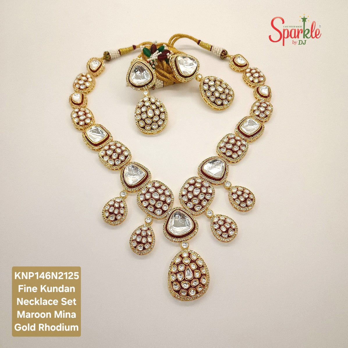 Fine Kundan Long Necklace set with Mina in 24ct Gold rhodium