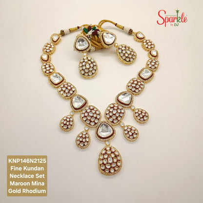 Fine Kundan Long Necklace set with Mina in 24ct Gold rhodium