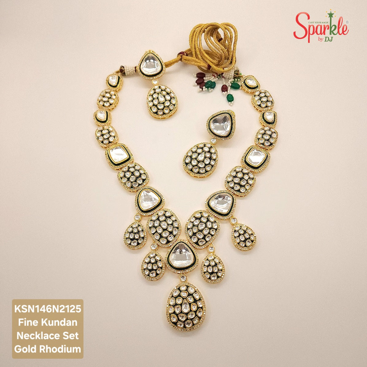 Fine Kundan Long Necklace set with Mina in 24ct Gold rhodium