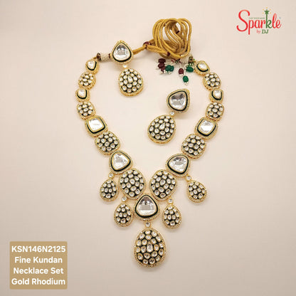 Fine Kundan Long Necklace set with Mina in 24ct Gold rhodium