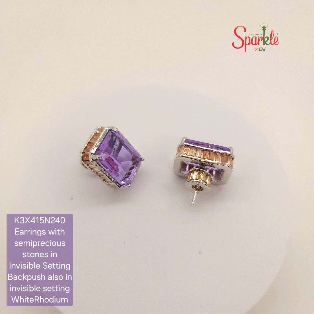 Rectangular studs with semiprecious stones in invisible setting