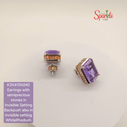 Rectangular studs with semiprecious stones in invisible setting