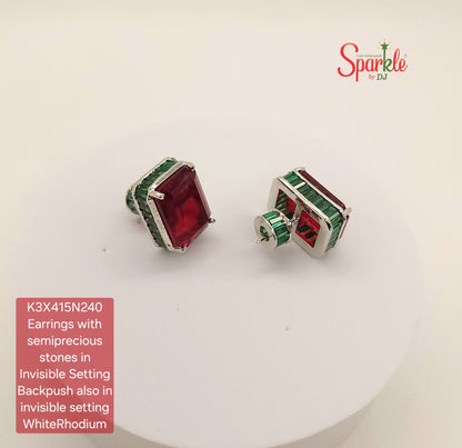 Rectangular studs with semiprecious stones in invisible setting