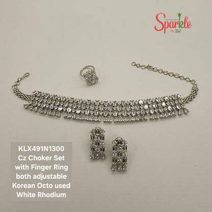 Cz Choker set with finger ring embellished with Korean octagonal zirconias