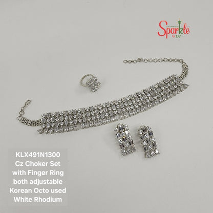 Cz Choker set with finger ring embellished with Korean octagonal zirconias