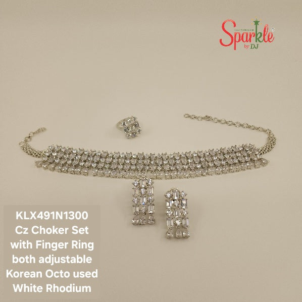 Cz Choker set with finger ring embellished with Korean octagonal zirconias