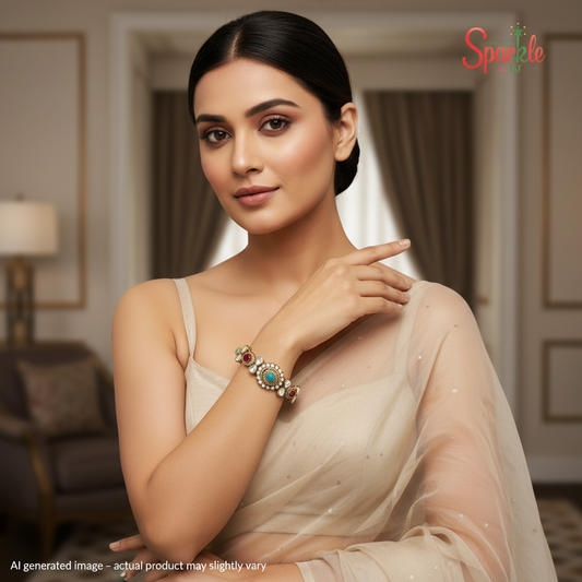 Multicolour cz-kundan bracelet with pota stones in hena rhodium