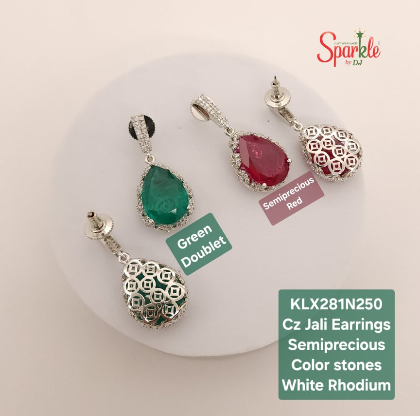 Pear drop cz earring with ornate jali work with semiprecious colour stones