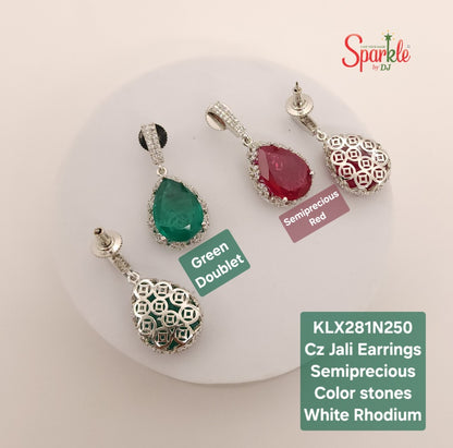 Pear drop cz earring with ornate jali work with semiprecious colour stones