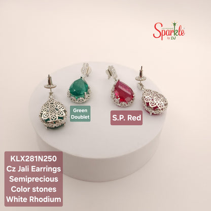 Pear drop cz earring with ornate jali work with semiprecious colour stones