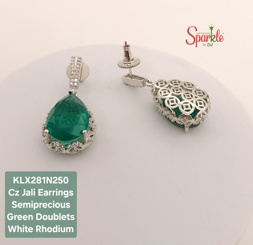 Pear drop cz earring with ornate jali work with semiprecious colour stones