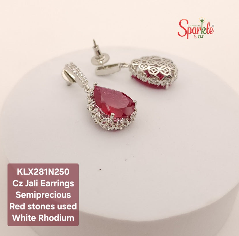 Pear drop cz earring with ornate jali work with semiprecious colour stones