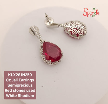 Pear drop cz earring with ornate jali work with semiprecious colour stones