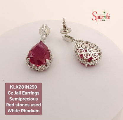 Pear drop cz earring with ornate jali work with semiprecious colour stones