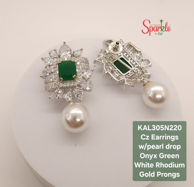 CZ Earrings with octo colour stones & Pearl drop