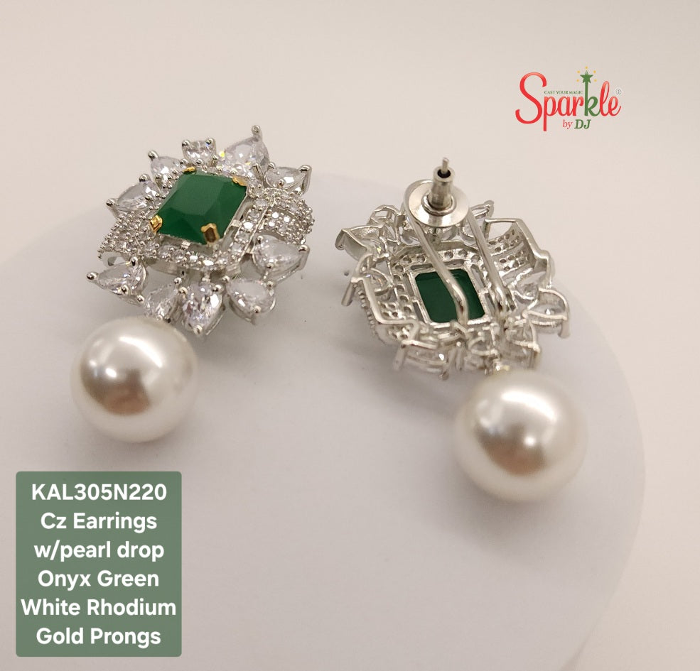 CZ Earrings with octo colour stones & Pearl drop