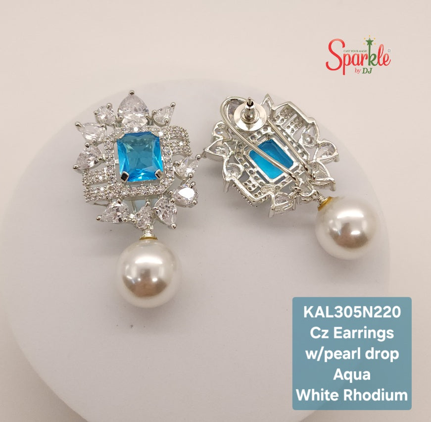 CZ Earrings with octo colour stones & Pearl drop