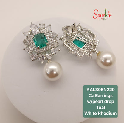 CZ Earrings with octo colour stones & Pearl drop