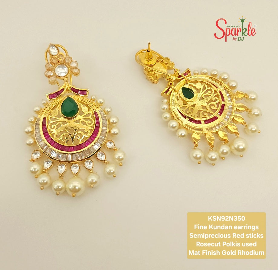 Fine Kundan Chandbalis with semiprecious red stones