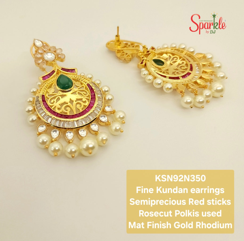 Fine Kundan Chandbalis with semiprecious red stones