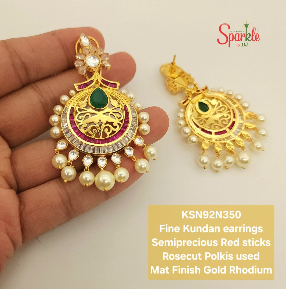 Fine Kundan Chandbalis with semiprecious red stones