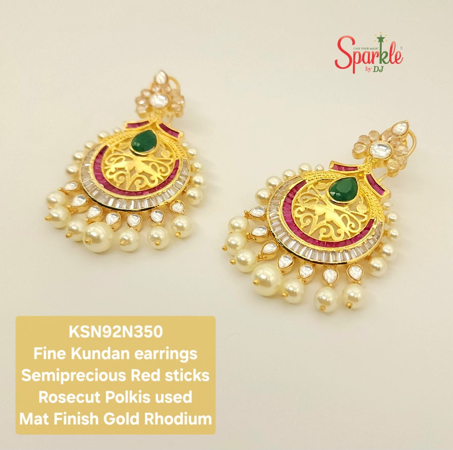 Fine Kundan Chandbalis with semiprecious red stones